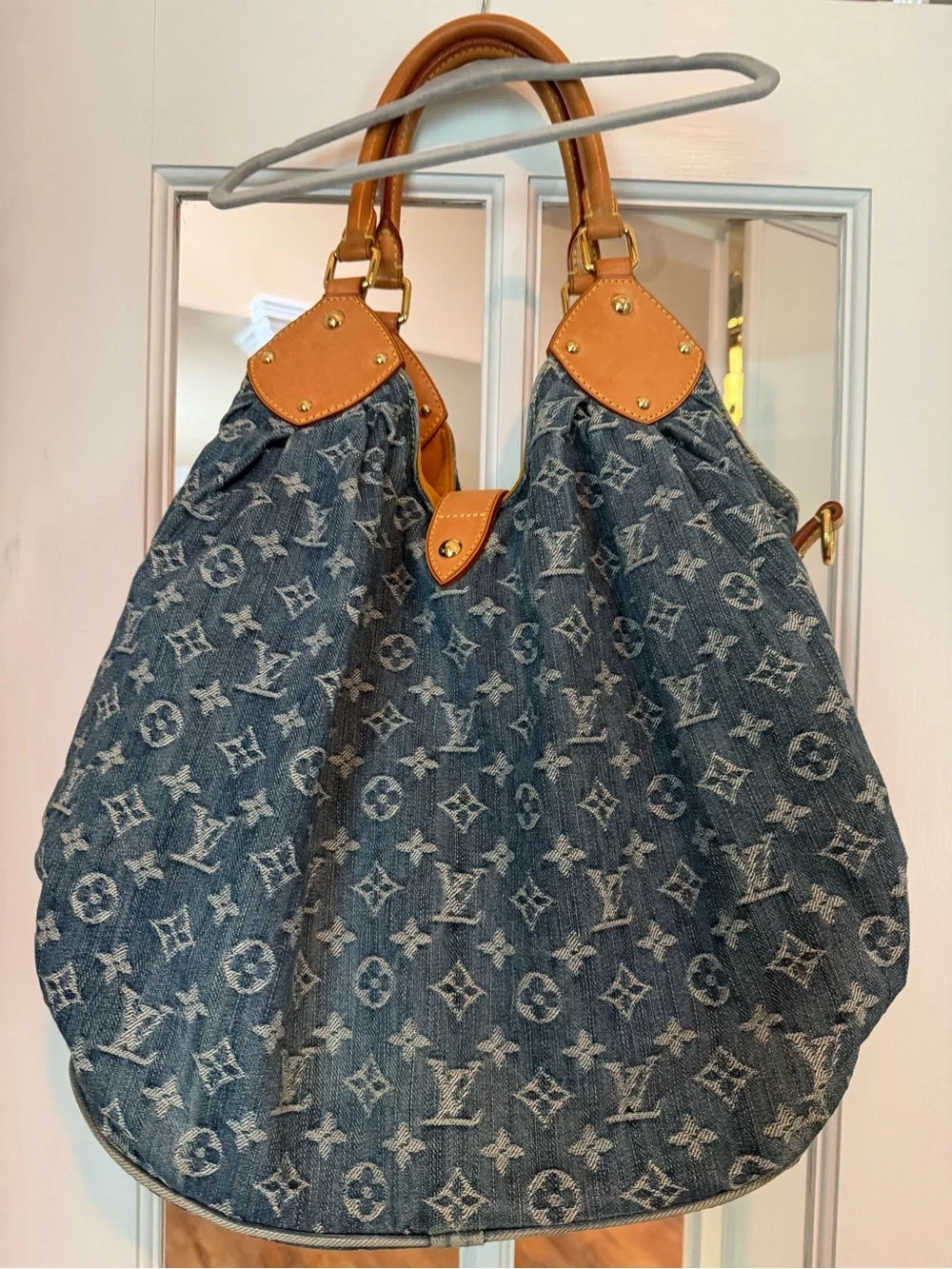Louis Vuitton Blue Monogram Denim Shoulder XL Hobo with Tan Trim